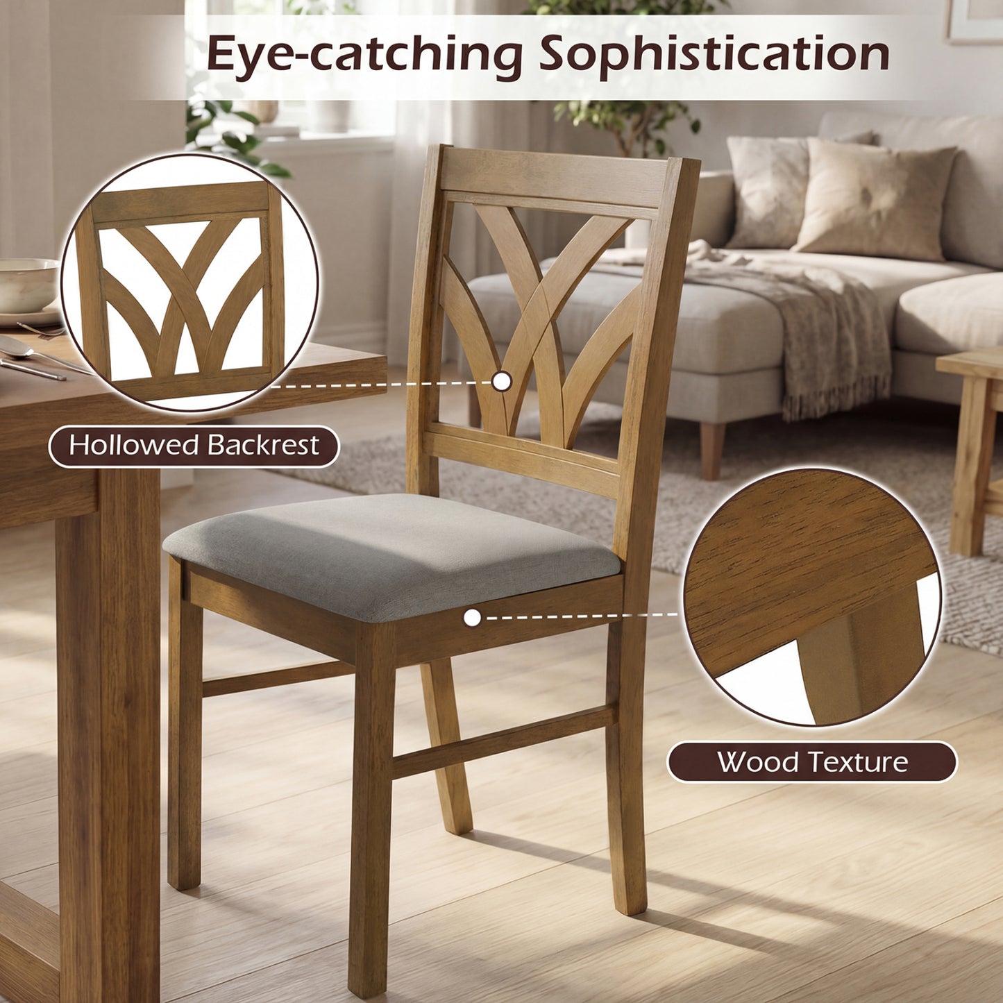 Set of 2 Wooden Dining Chairs Upholstered with Hollowed Backrest and Soft Padded Seat, Oak Dining Chairs at Gallery Canada