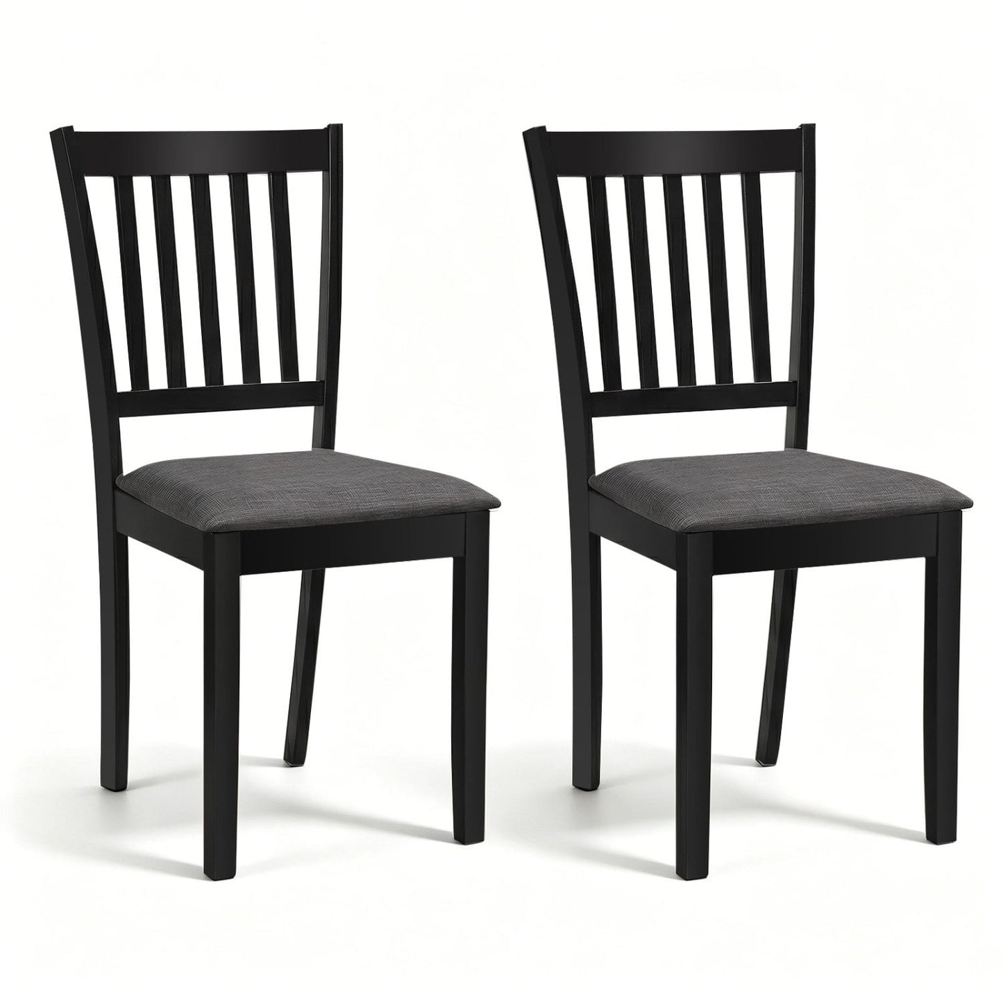 Set of 2 Wooden Dining Chairs, Upholstered, Rubber Wood Frame, Black