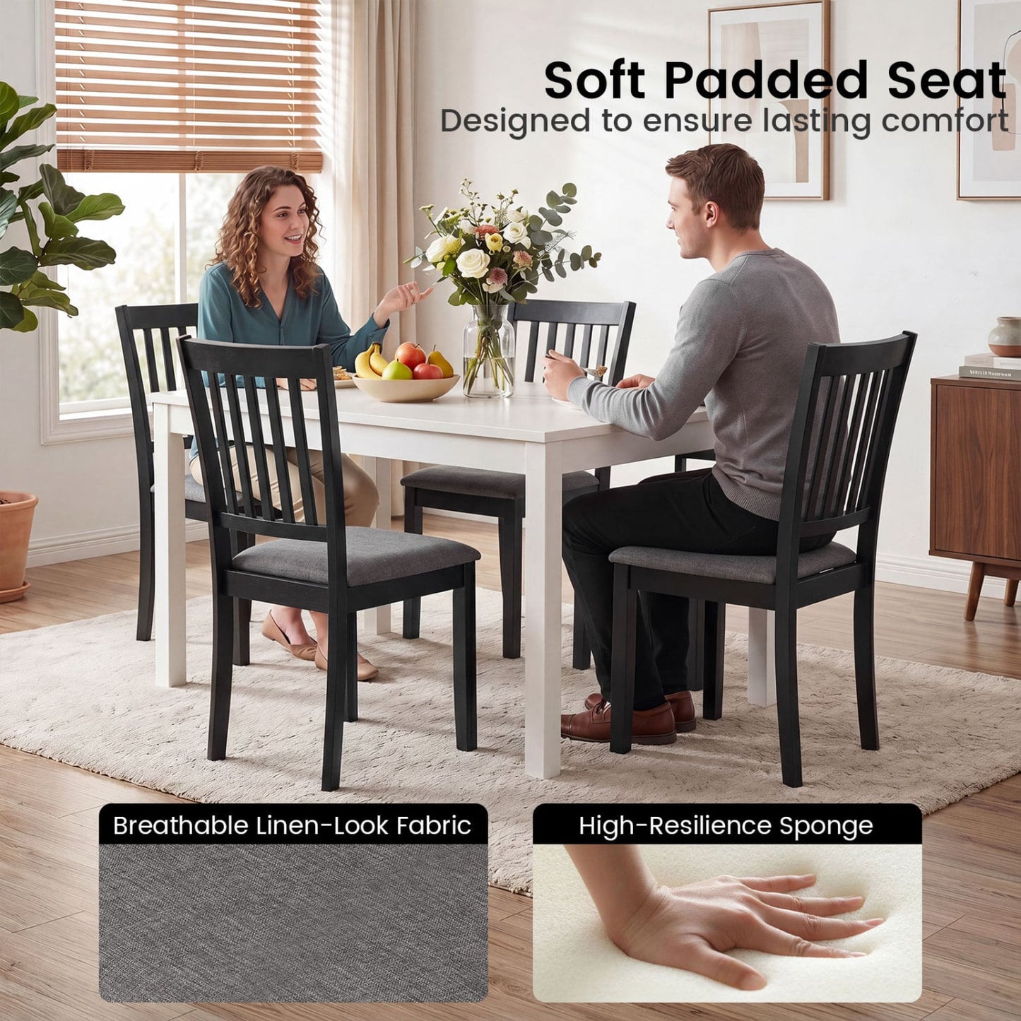 Set of 2 Wooden Dining Chairs, Upholstered, Rubber Wood Frame, Black