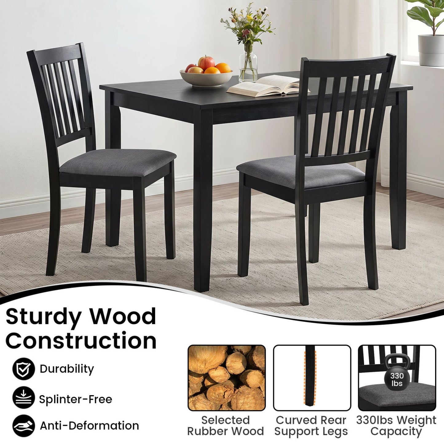 Set of 2 Wooden Dining Chairs, Upholstered, Rubber Wood Frame, Black