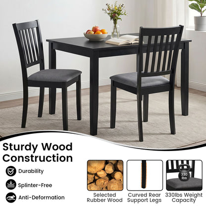 Set of 2 Wooden Dining Chairs, Upholstered, Rubber Wood Frame, Black