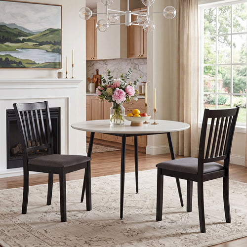 Set of 2 Wooden Dining Chairs, Upholstered, Rubber Wood Frame, Black