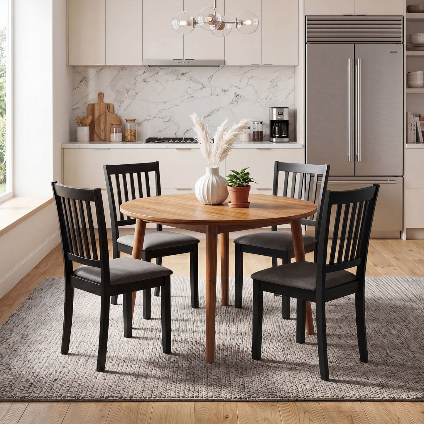 Set of 2 Wooden Dining Chairs, Upholstered, Rubber Wood Frame, Black