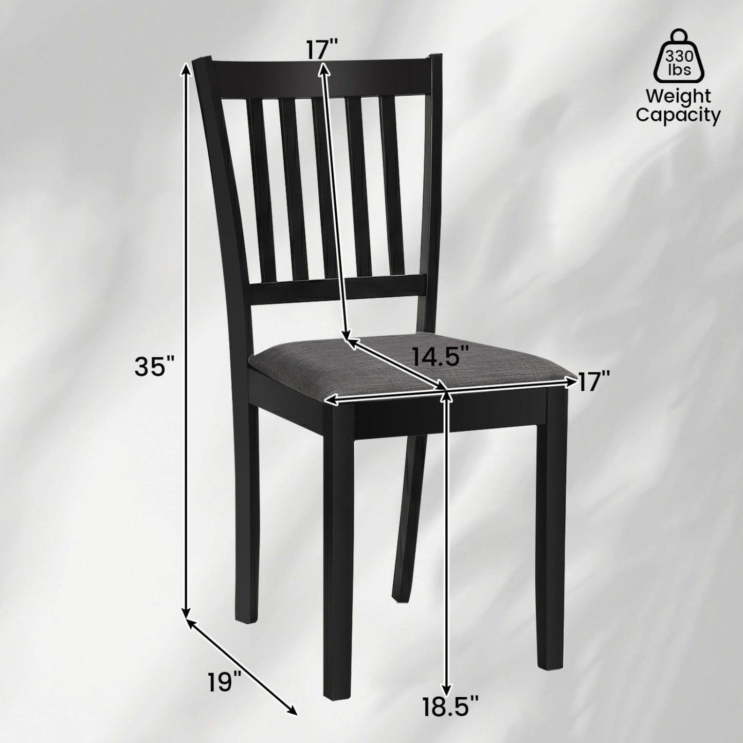 Set of 2 Wooden Dining Chairs, Upholstered, Rubber Wood Frame, Black