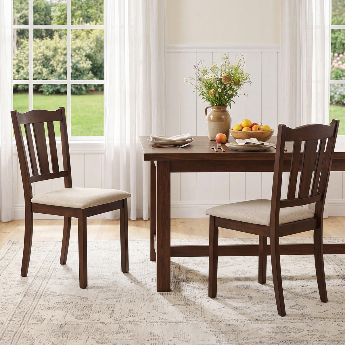 2 Wooden Dining Chairs, Hollow Back, Cushion, Walnut