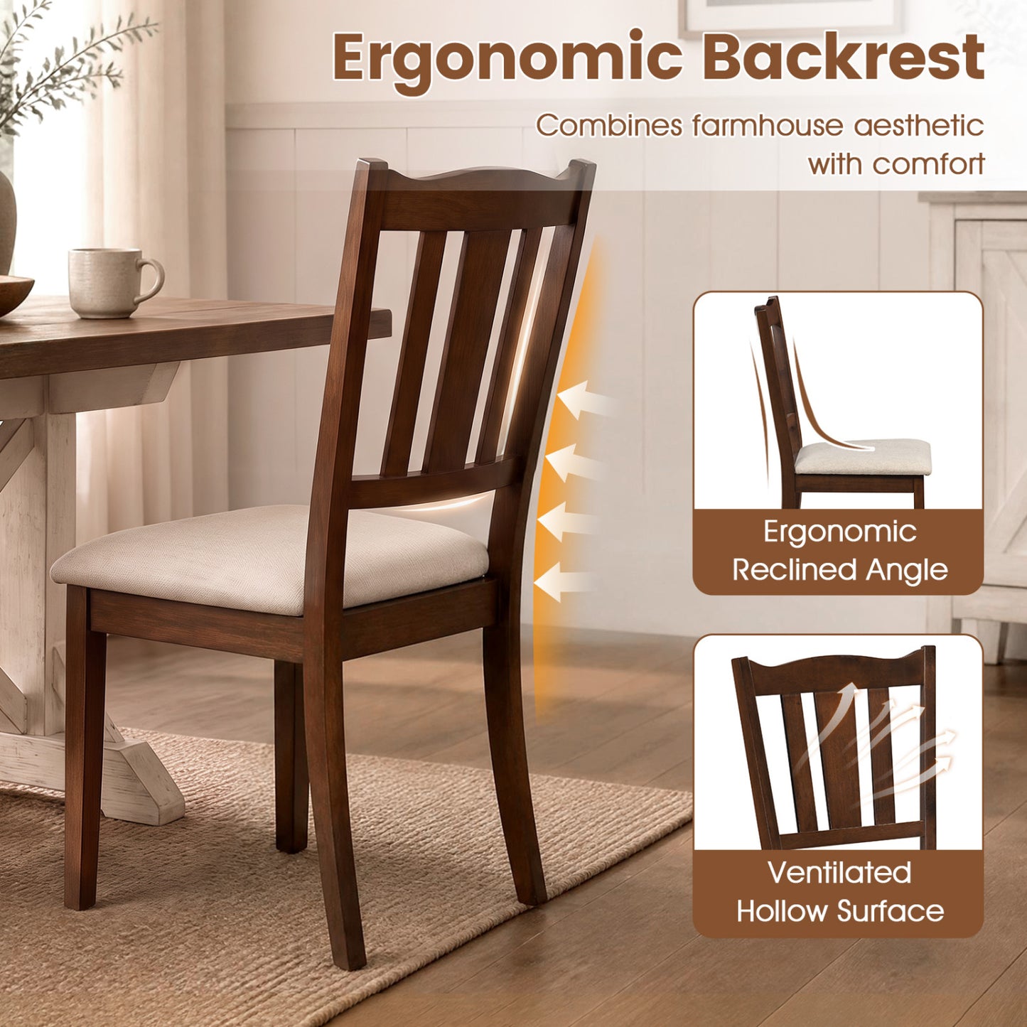 2 Wooden Dining Chairs, Hollow Back, Cushion, Walnut