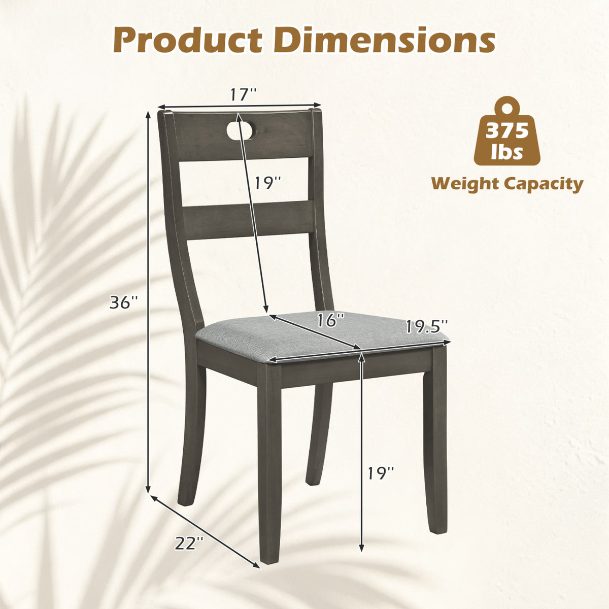 2 Wooden Dining Chairs, Padded Seats, Rubber Wood Frame, Gray