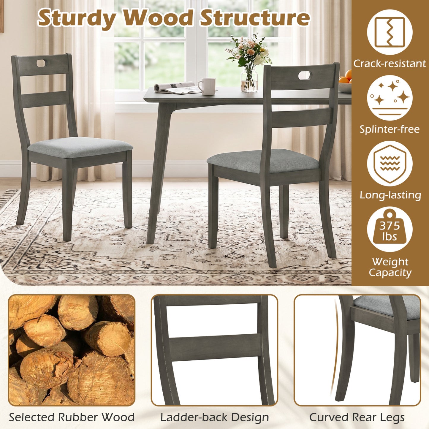 2 Wooden Dining Chairs, Padded Seats, Rubber Wood Frame, Gray