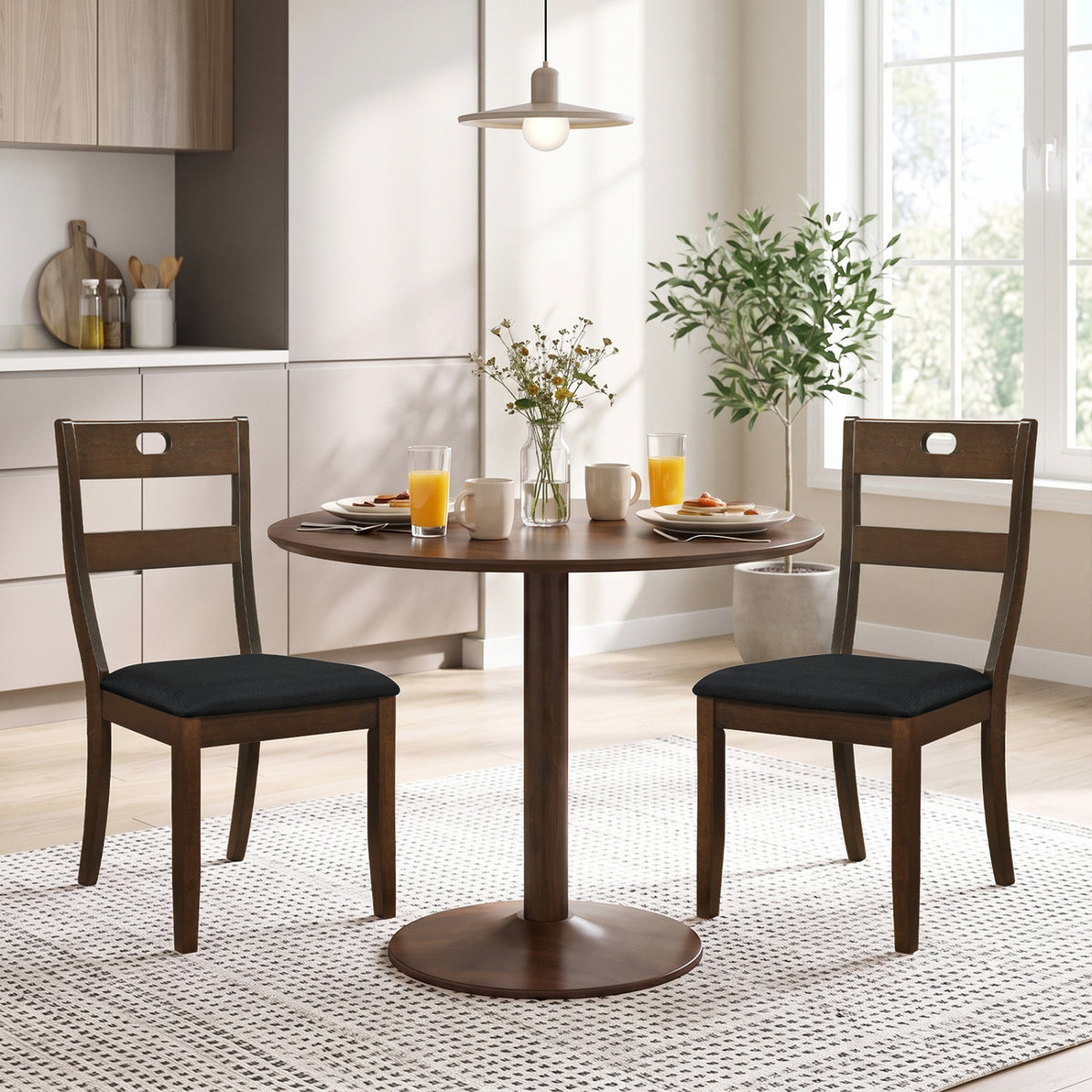 2 Wooden Dining Chairs, Padded Seats, Rubber Wood Frame, Walnut