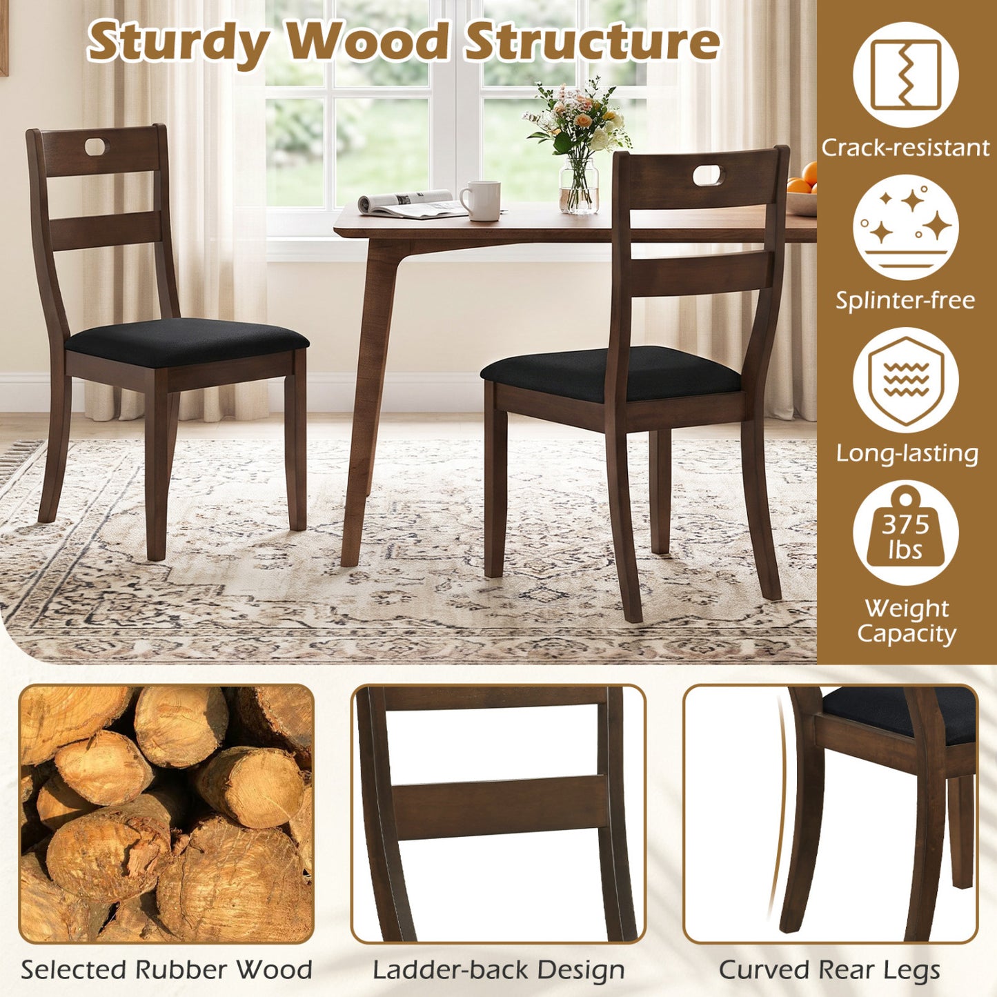 2 Wooden Dining Chairs, Padded Seats, Rubber Wood Frame, Walnut