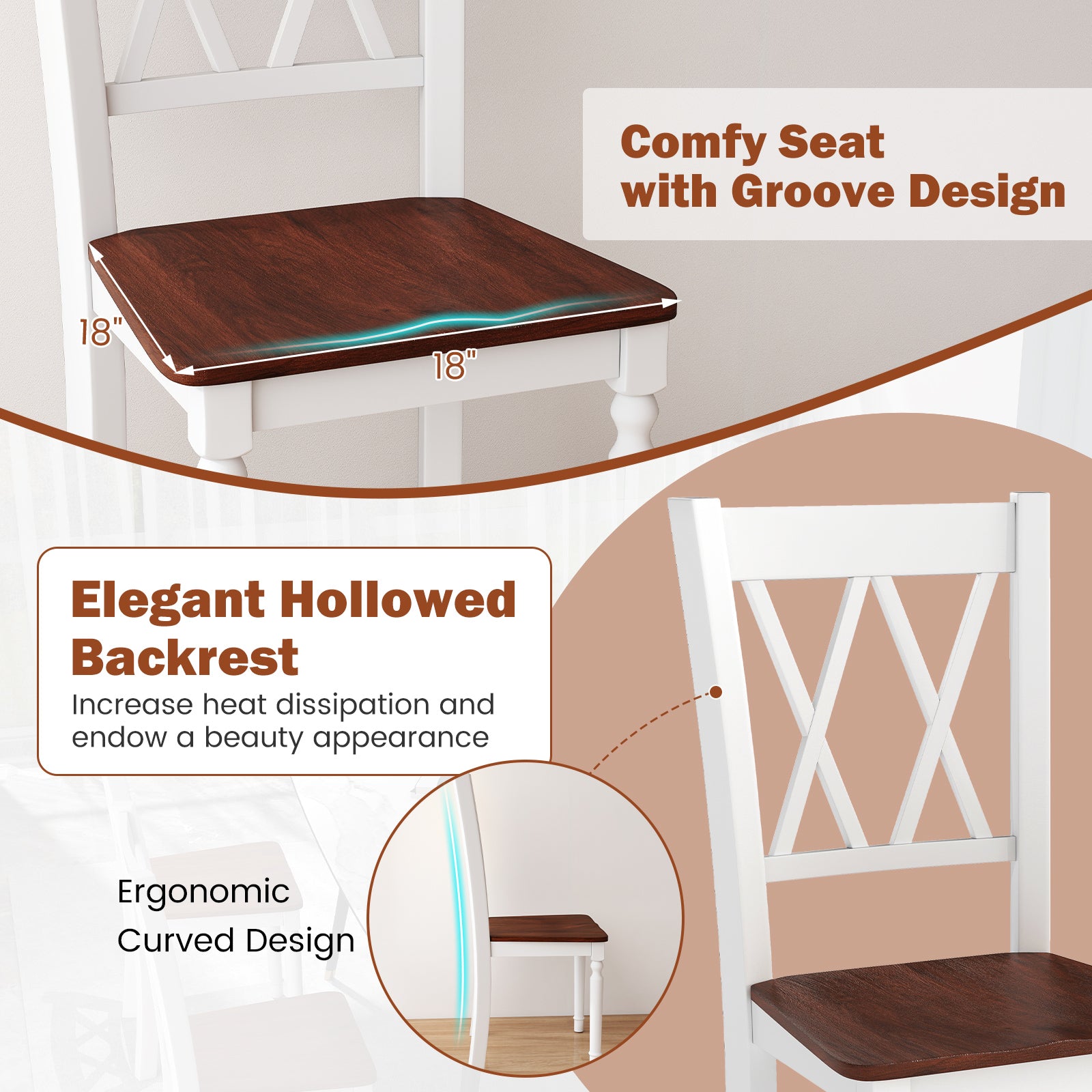 Set of 2 Wooden Farmhouse Kitchen Chairs with Rubber Wood Seat-2 Pieces, White Dining Chairs at Gallery Canada