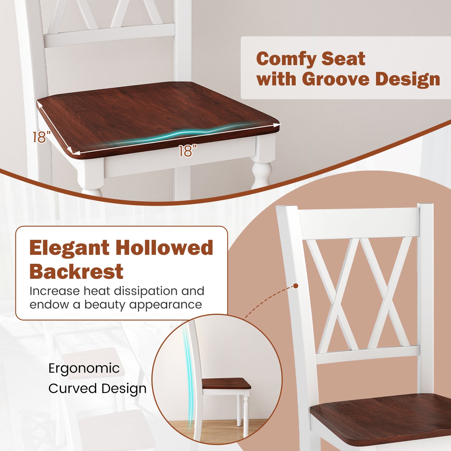 Set of 2 Wooden Farmhouse Kitchen Chairs with Rubber Wood Seat-2 Pieces, White Dining Chairs at Gallery Canada
