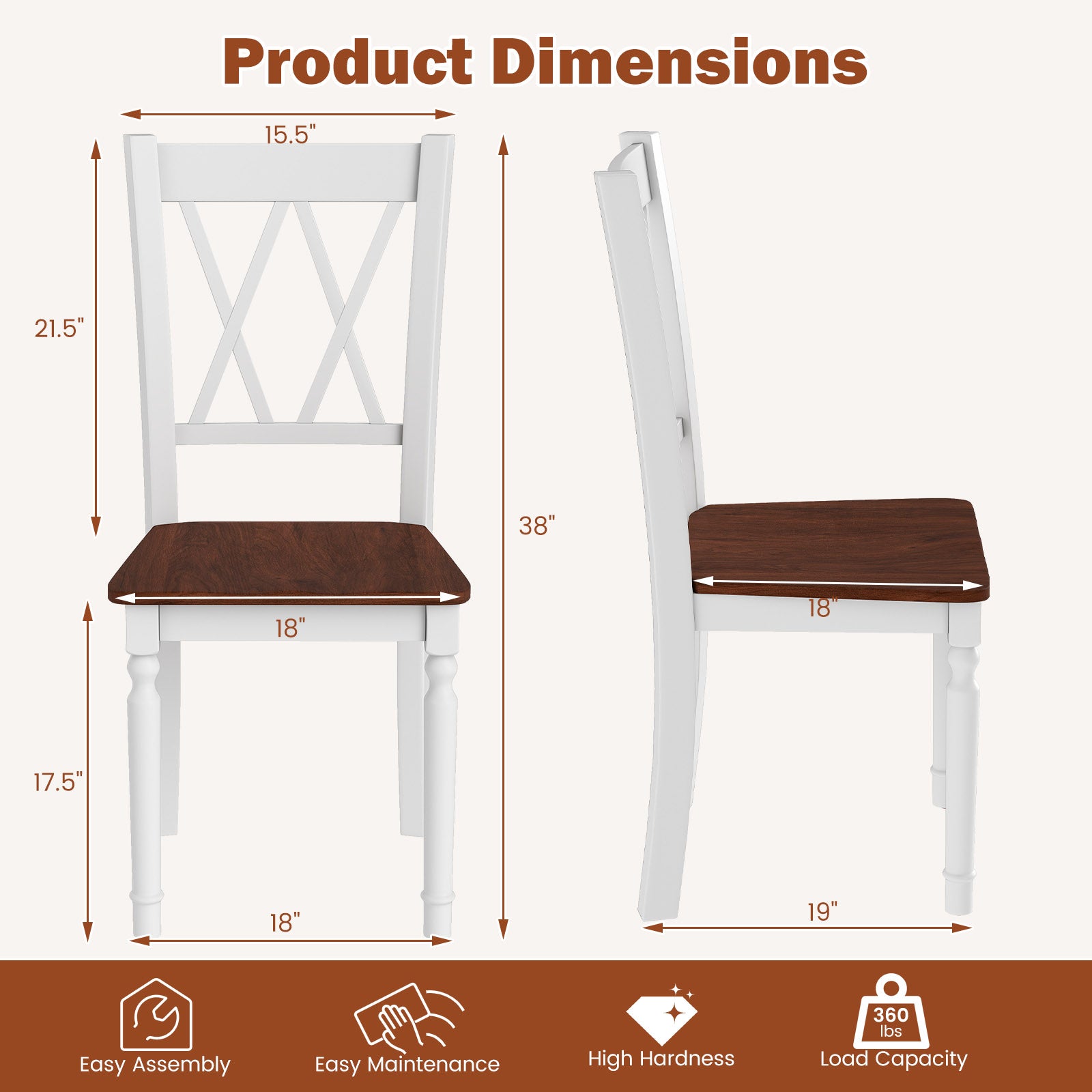 Set of 2 Wooden Farmhouse Kitchen Chairs with Rubber Wood Seat-2 Pieces, White Dining Chairs at Gallery Canada