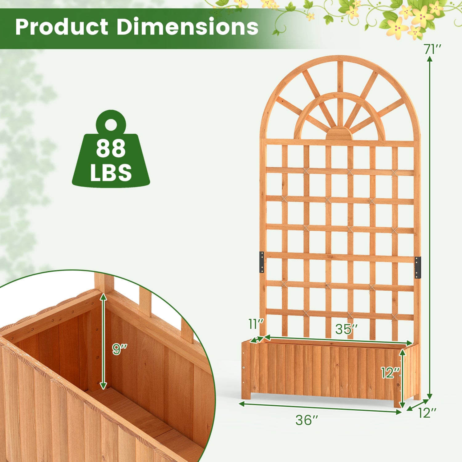 Wooden Raised Garden Bed With Trellis, 71