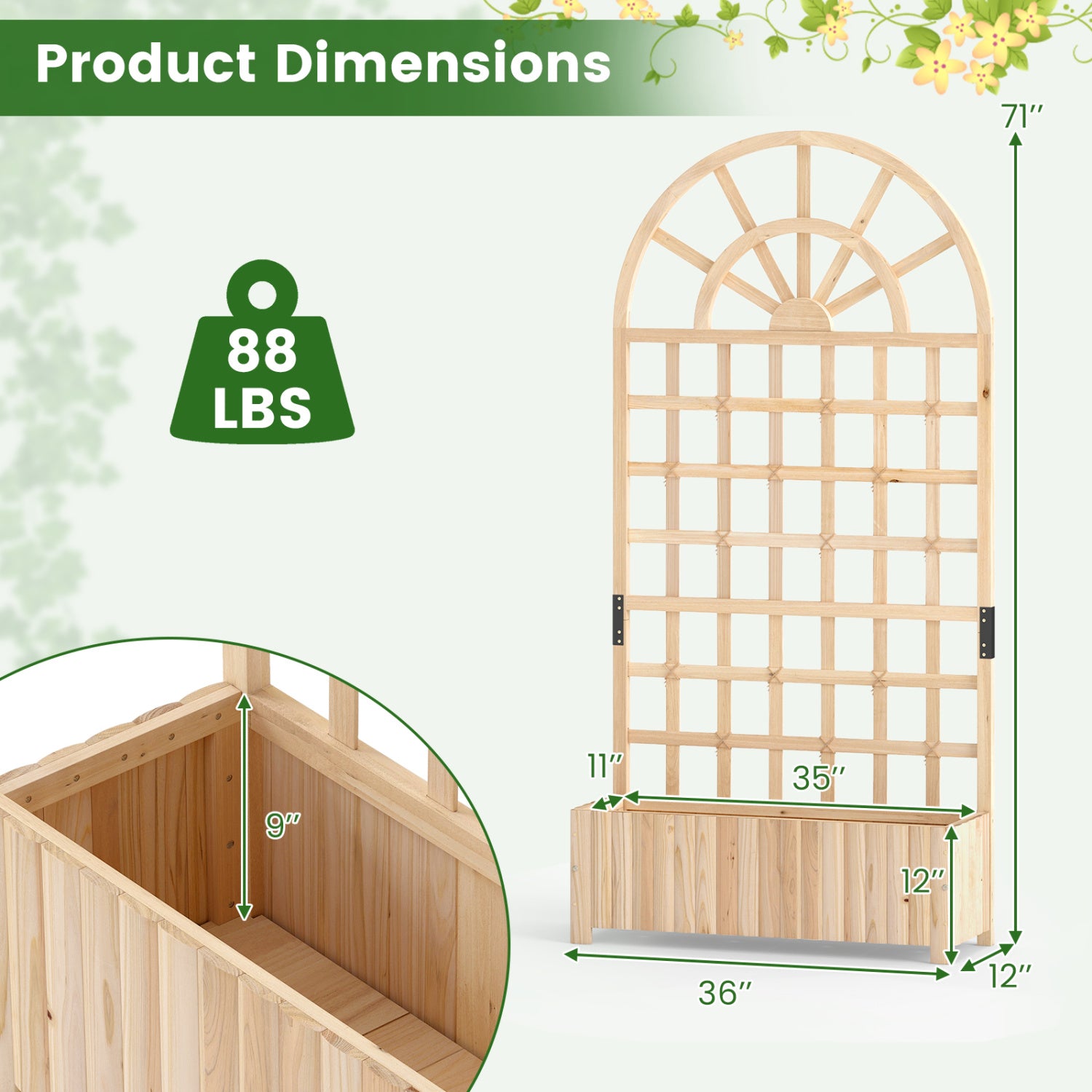 Wooden Raised Garden Bed With Trellis, 71