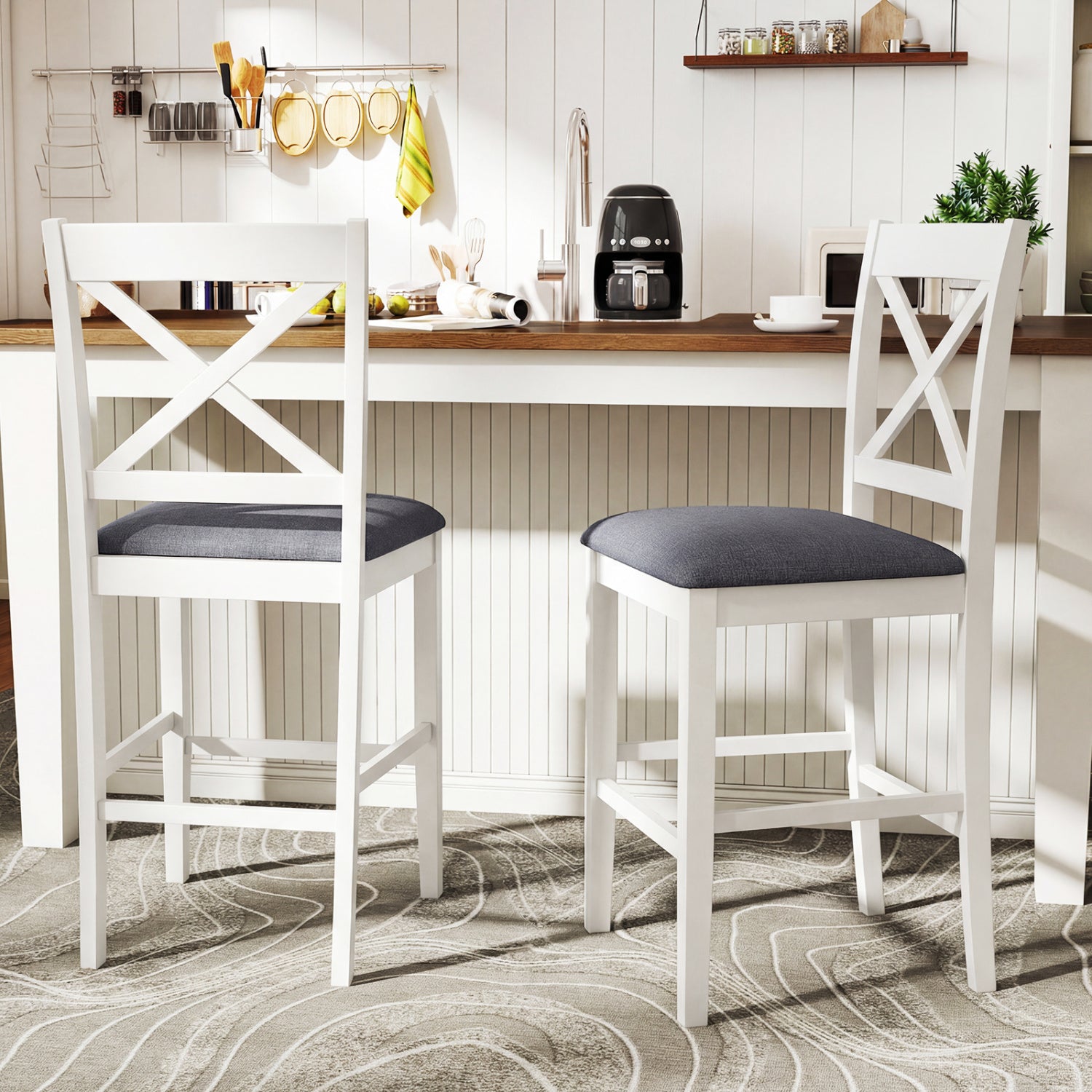 Set Of 2 X-Back Bar Stools, Upholstered Cushioned Seats, White Bar Stools at Gallery Canada