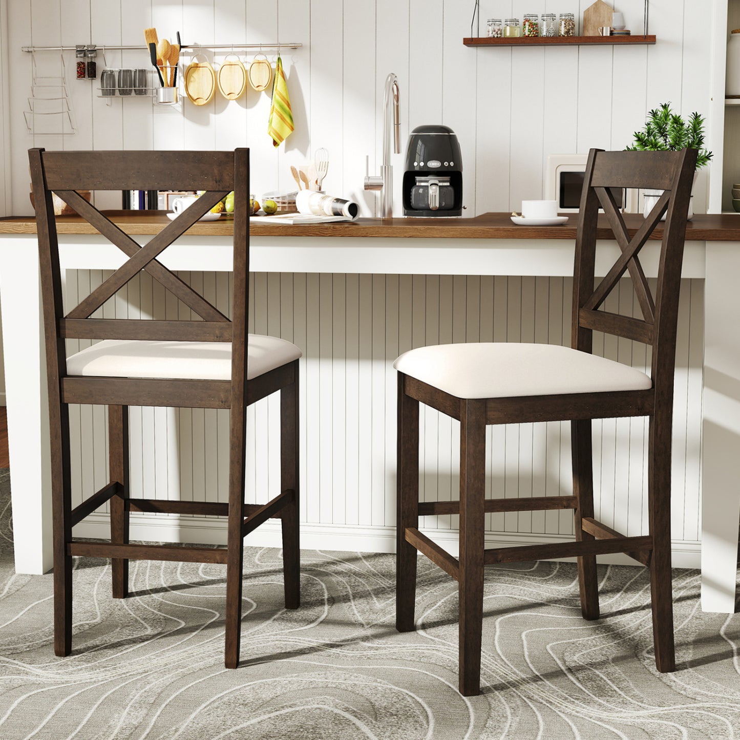 Set Of 2 X-Back Bar Stools, Upholstered Cushioned Seats, Brown Bar Stools at Gallery Canada