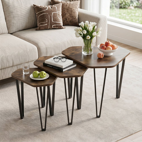 Set Of 3 Nesting Coffee Tables, Engineered Wood, Metal Frame, Rustic Brown