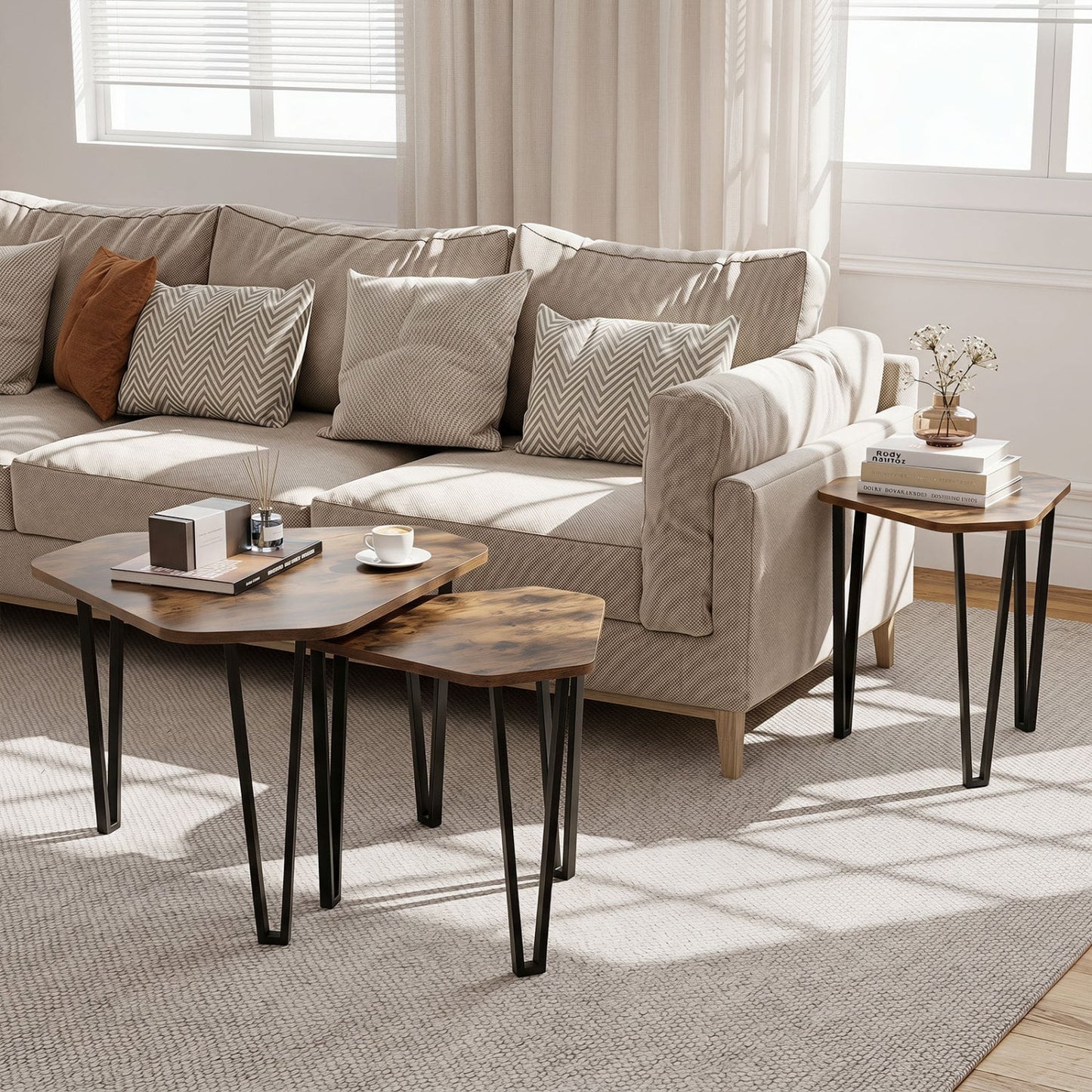 Set Of 3 Nesting Coffee Tables, Engineered Wood, Metal Frame, Rustic Brown