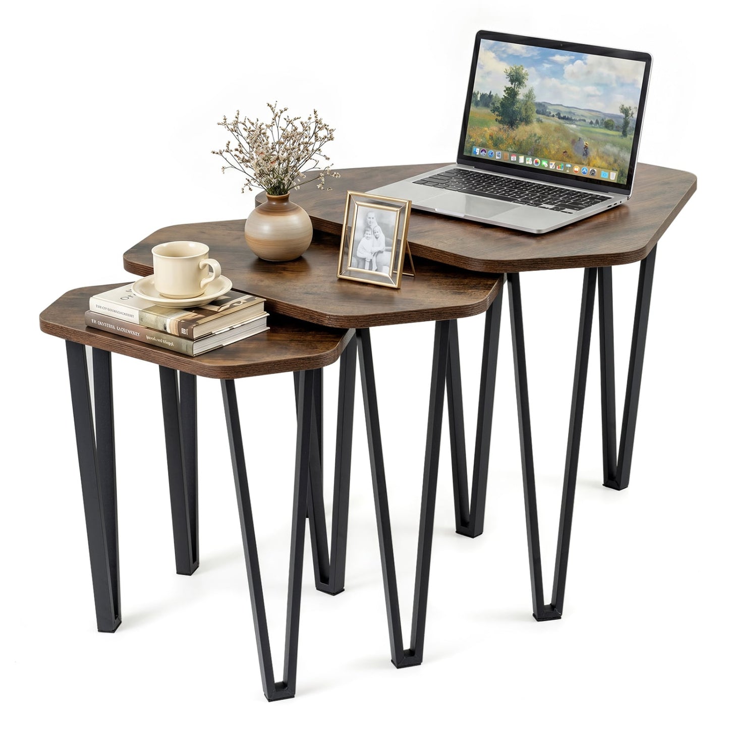 Set Of 3 Nesting Coffee Tables, Engineered Wood, Metal Frame, Rustic Brown