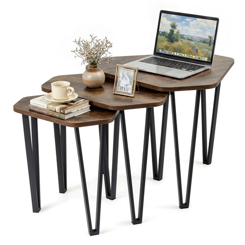 Set Of 3 Nesting Coffee Tables, Engineered Wood, Metal Frame, Rustic Brown