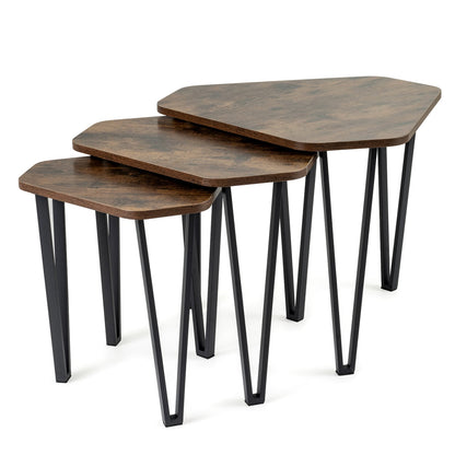 Set Of 3 Nesting Coffee Tables, Engineered Wood, Metal Frame, Rustic Brown