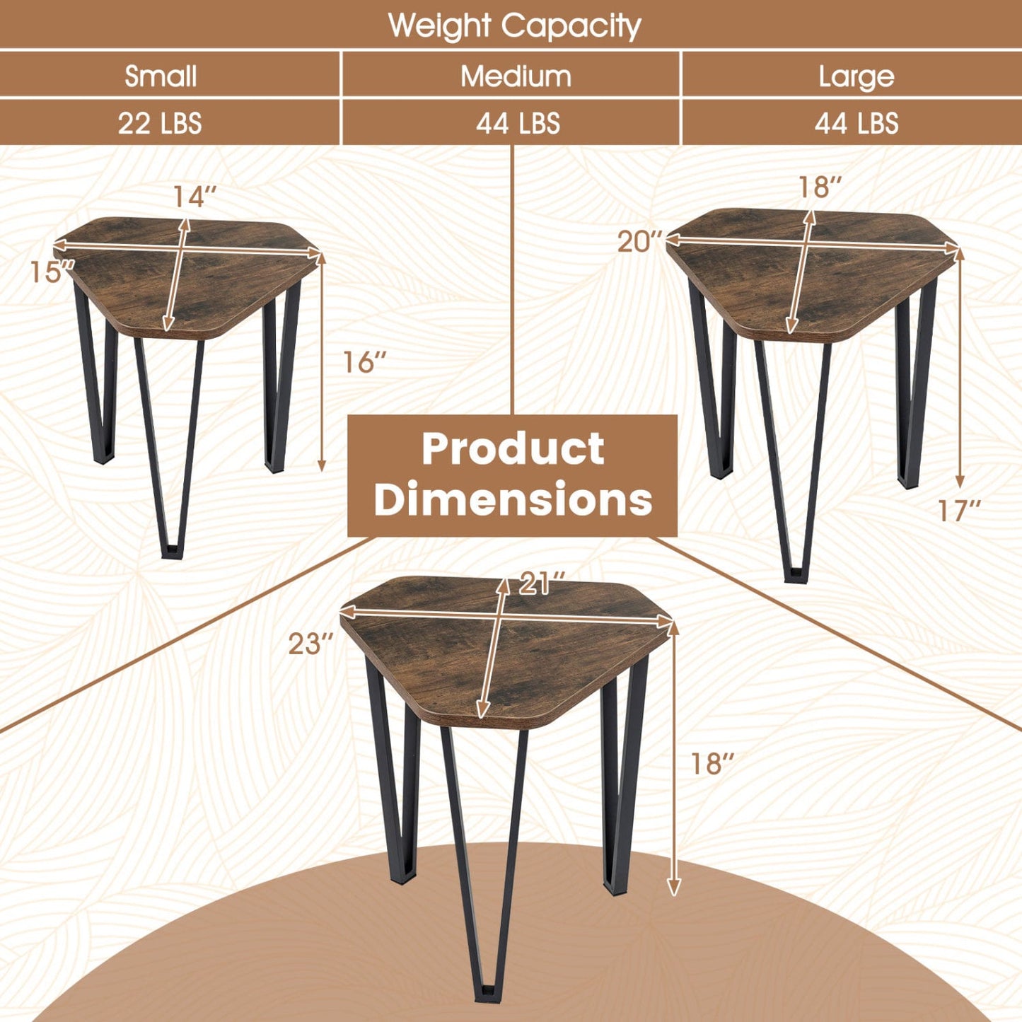 Set Of 3 Nesting Coffee Tables, Engineered Wood, Metal Frame, Rustic Brown