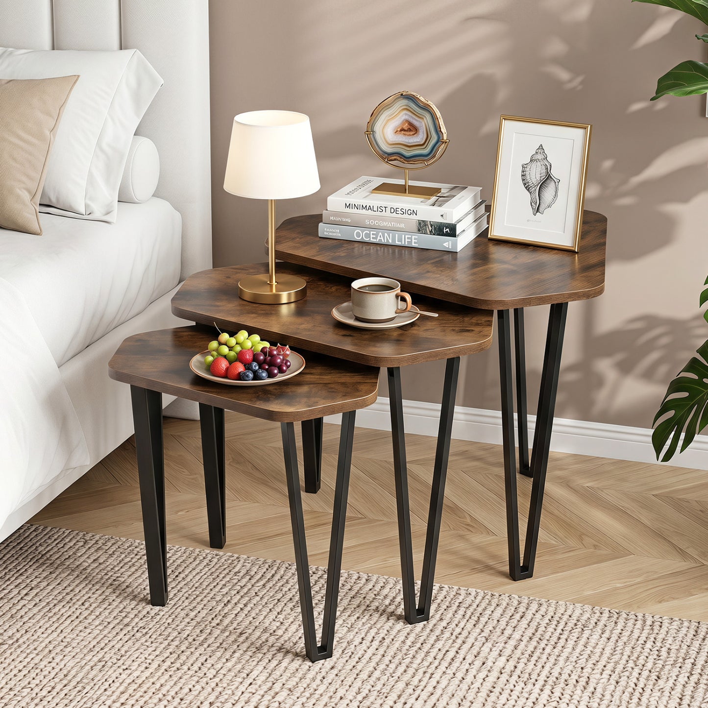 Set Of 3 Nesting Coffee Tables, Engineered Wood, Metal Frame, Rustic Brown