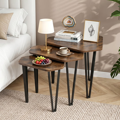 Set Of 3 Nesting Coffee Tables, Engineered Wood, Metal Frame, Rustic Brown