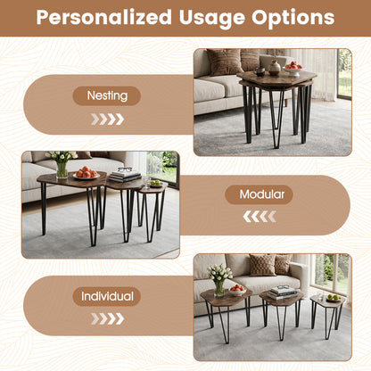 Set Of 3 Nesting Coffee Tables, Engineered Wood, Metal Frame, Rustic Brown