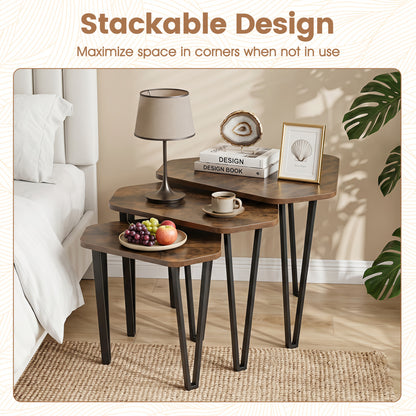 Set Of 3 Nesting Coffee Tables, Engineered Wood, Metal Frame, Rustic Brown