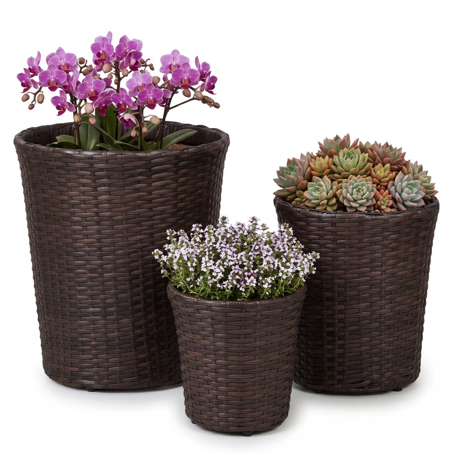 Set of 3 Plastic Planters with Drainage Holes and Saucers for Porch and Garden, Brown