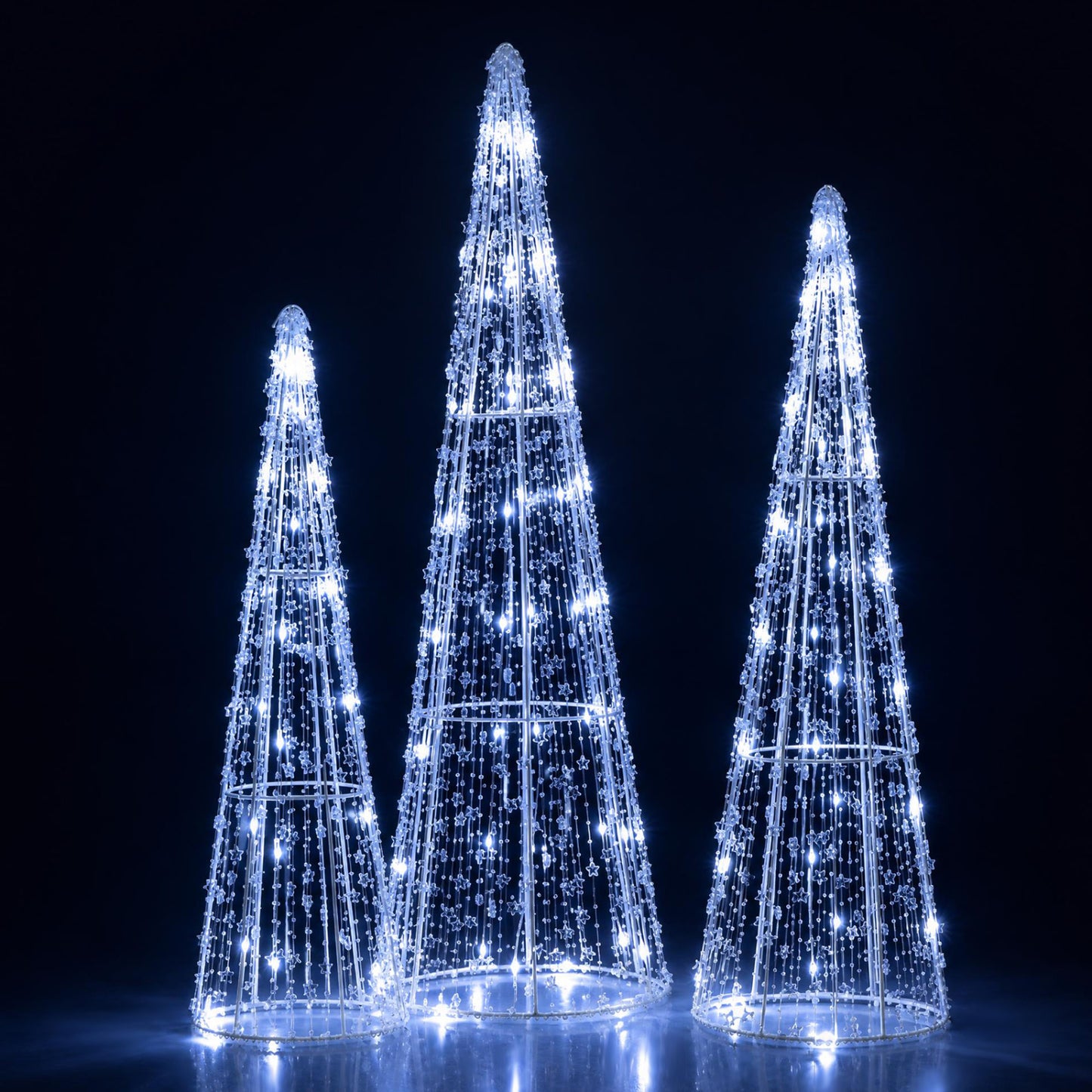 Set of 3 Pre-lit Christmas Cone Trees with Star Strings for Christmas-Cold White, Off White
