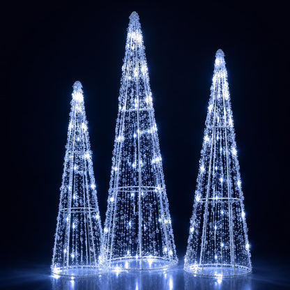 Set of 3 Pre-lit Christmas Cone Trees with Star Strings for Christmas-Cold White, Off White