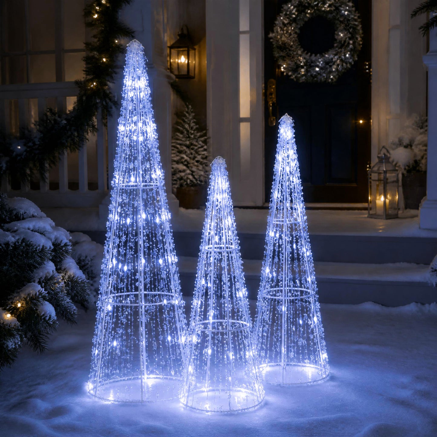 Set of 3 Pre-lit Christmas Cone Trees with Star Strings for Christmas-Cold White, Off White