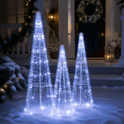 Set of 3 Pre-lit Christmas Cone Trees with Star Strings for Christmas-Cold White, Off White