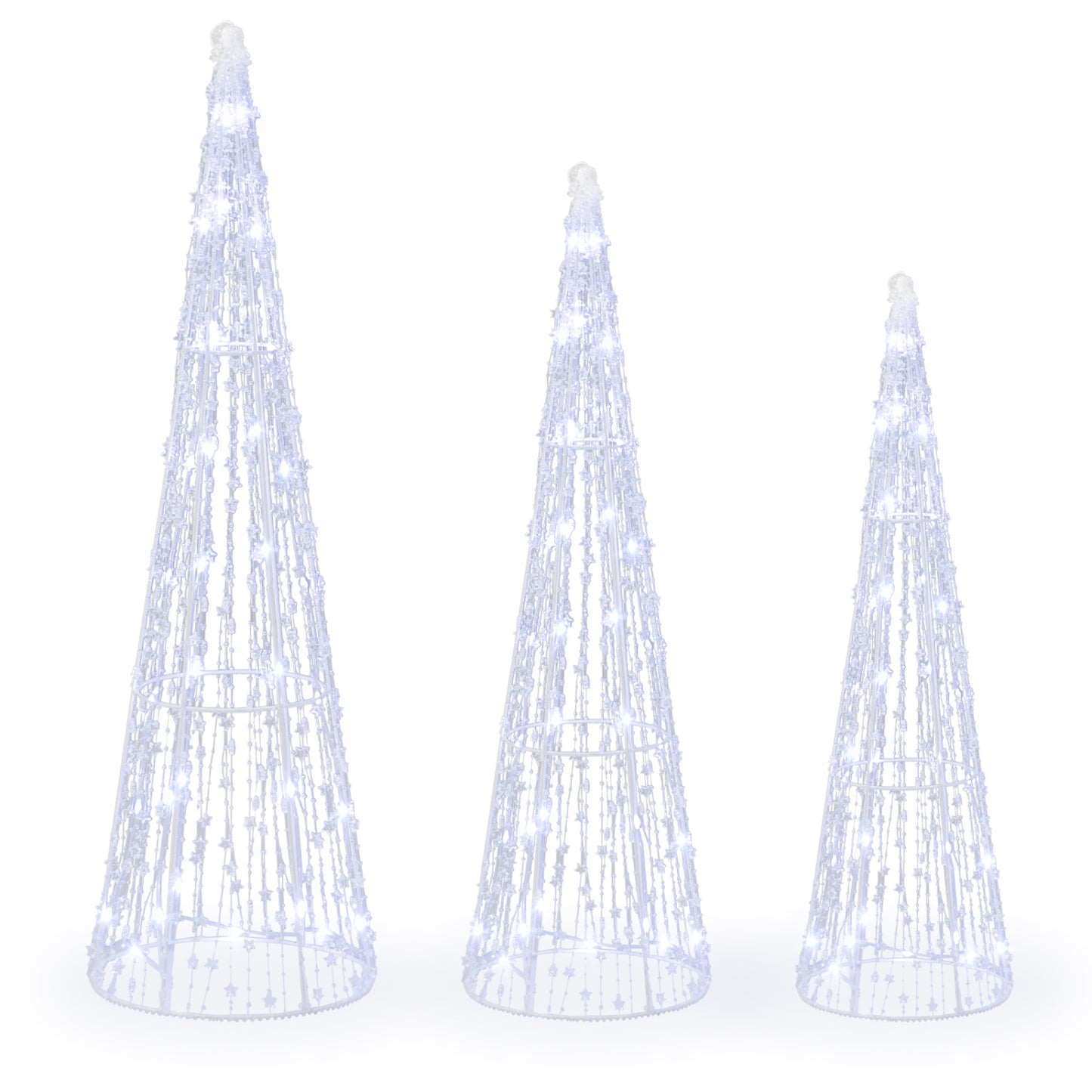 Set of 3 Pre-lit Christmas Cone Trees with Star Strings for Christmas-Cold White, Off White