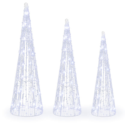 Set of 3 Pre-lit Christmas Cone Trees with Star Strings for Christmas-Cold White, Off White