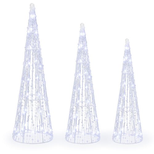Set of 3 Pre-lit Christmas Cone Trees with Star Strings for Christmas-Cold White, Off White