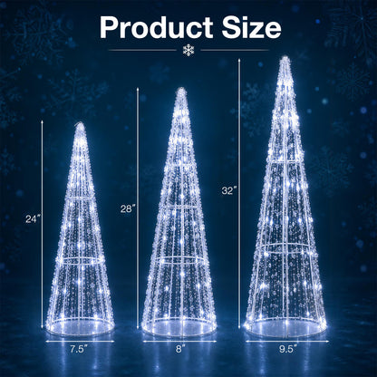 Set of 3 Pre-lit Christmas Cone Trees with Star Strings for Christmas-Cold White, Off White