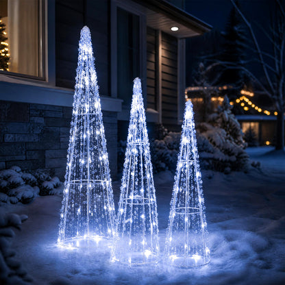Set of 3 Pre-lit Christmas Cone Trees with Star Strings for Christmas-Cold White, Off White