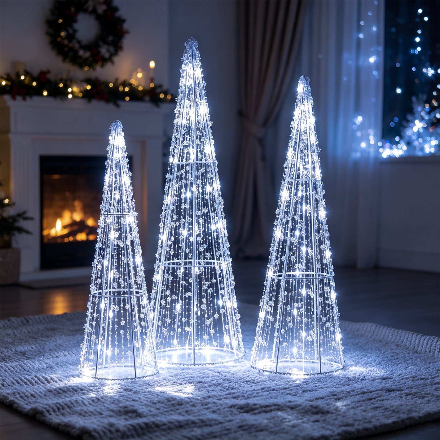 Set of 3 Pre-lit Christmas Cone Trees with Star Strings for Christmas-Cold White, Off White