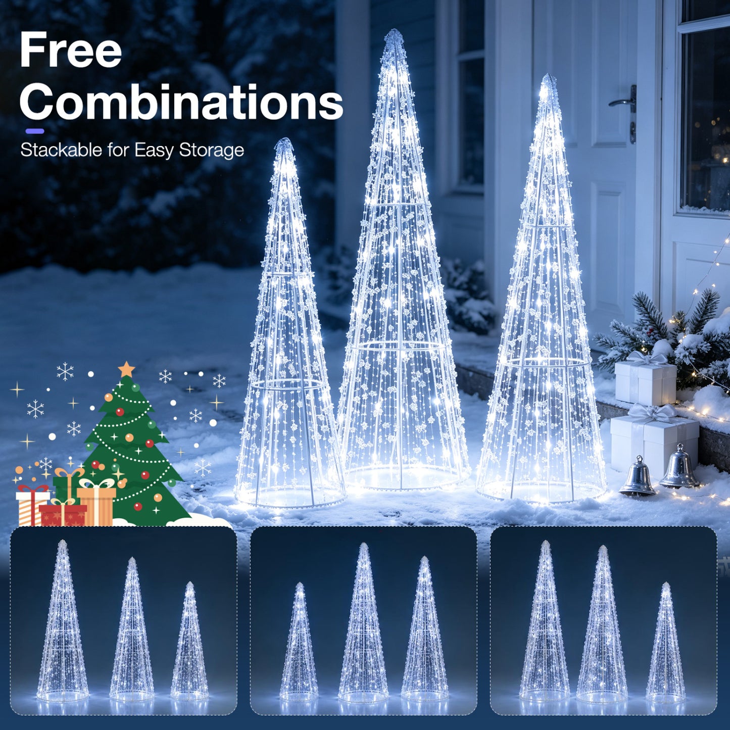 Set of 3 Pre-lit Christmas Cone Trees with Star Strings for Christmas-Cold White, Off White