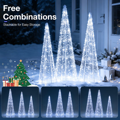 Set of 3 Pre-lit Christmas Cone Trees with Star Strings for Christmas-Cold White, Off White