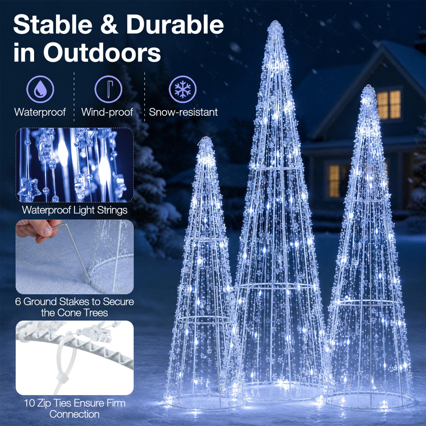 Set of 3 Pre-lit Christmas Cone Trees with Star Strings for Christmas-Cold White, Off White