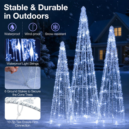 Set of 3 Pre-lit Christmas Cone Trees with Star Strings for Christmas-Cold White, Off White