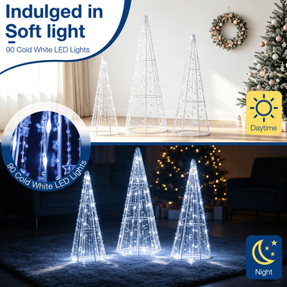 Set of 3 Pre-lit Christmas Cone Trees with Star Strings for Christmas-Cold White, Off White
