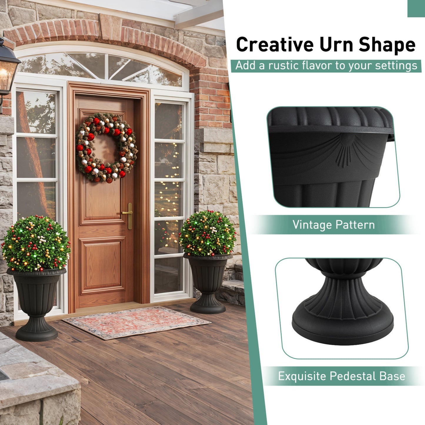 Set of 4 18 inch Tall Vintage Planters with Pedestal Base and Pre-marked Drain Hole, Black