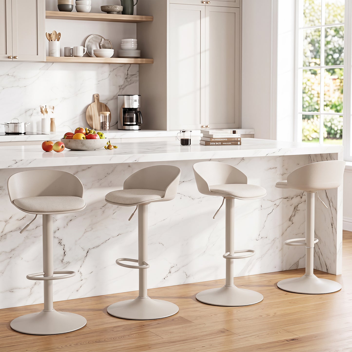Set of 4 Adjustable Swivel Bar Stools, Cream
