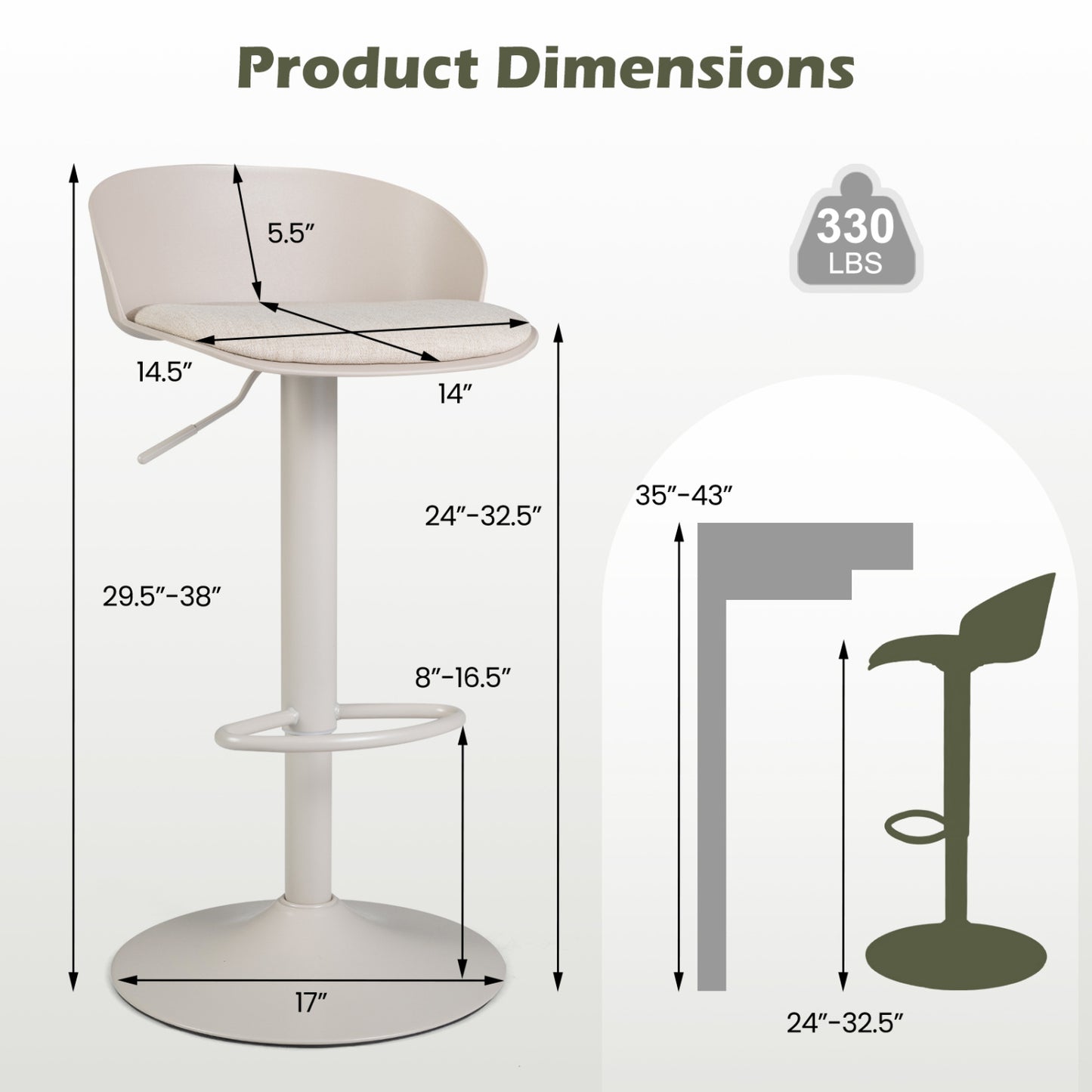 Set of 4 Adjustable Swivel Bar Stools, Cream